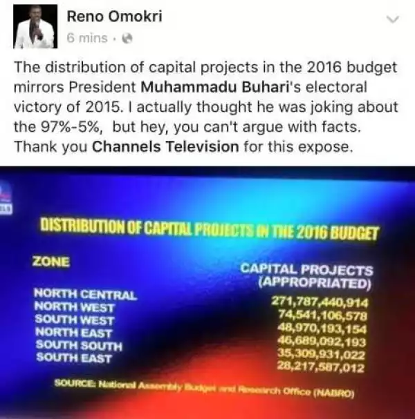 97% Versus 5%: Reno Omokri Reacts To Distribution Of Capital Projects In The 2016 Budget [Photo]